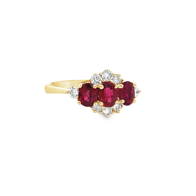 14k Yellow Gold Oval Ruby and Diamond Three Stone Ring (1.67ctw.)