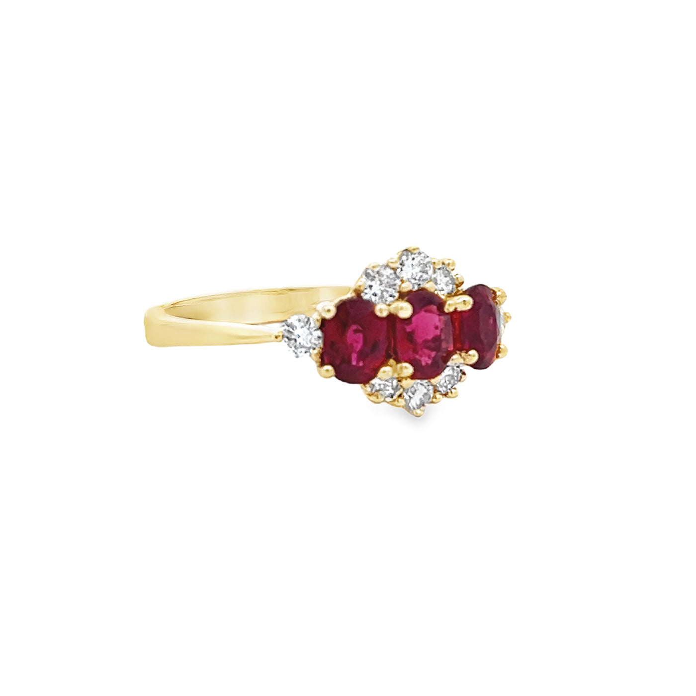 14k Yellow Gold Oval Ruby and Diamond Three Stone Ring (1.67ctw.)