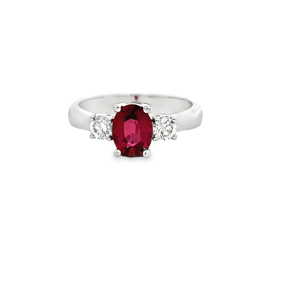 14k White Gold Oval Ruby and Round Diamond Three Stone Ring (1.11ct.)