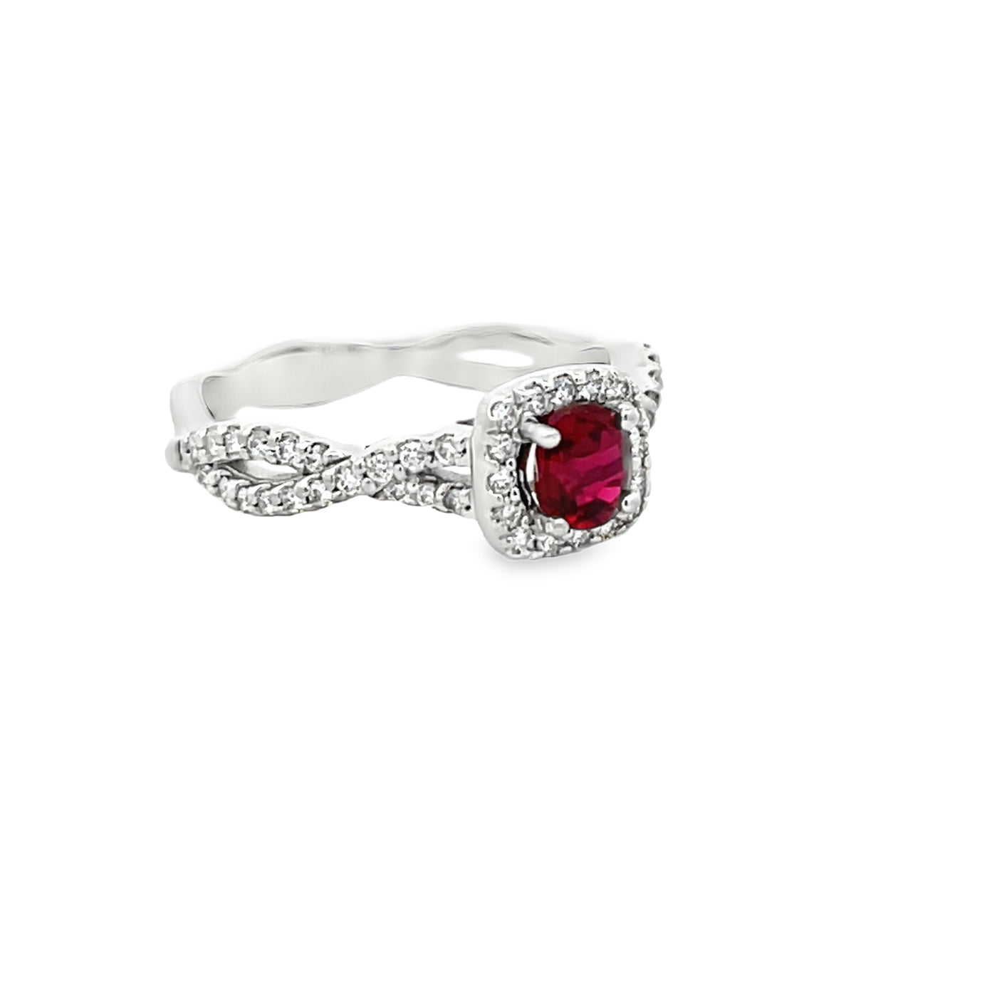 14k White Gold Cushion Ruby and Round Diamond Twist Halo Ring (0.65ct.)