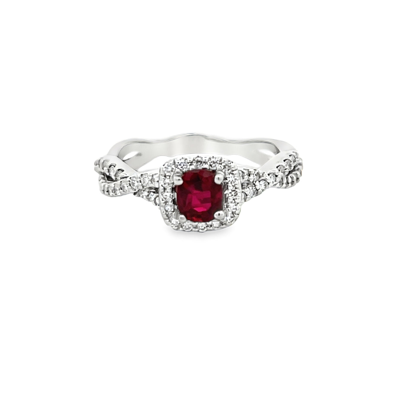 14k White Gold Cushion Ruby and Round Diamond Twist Halo Ring (0.65ct.)