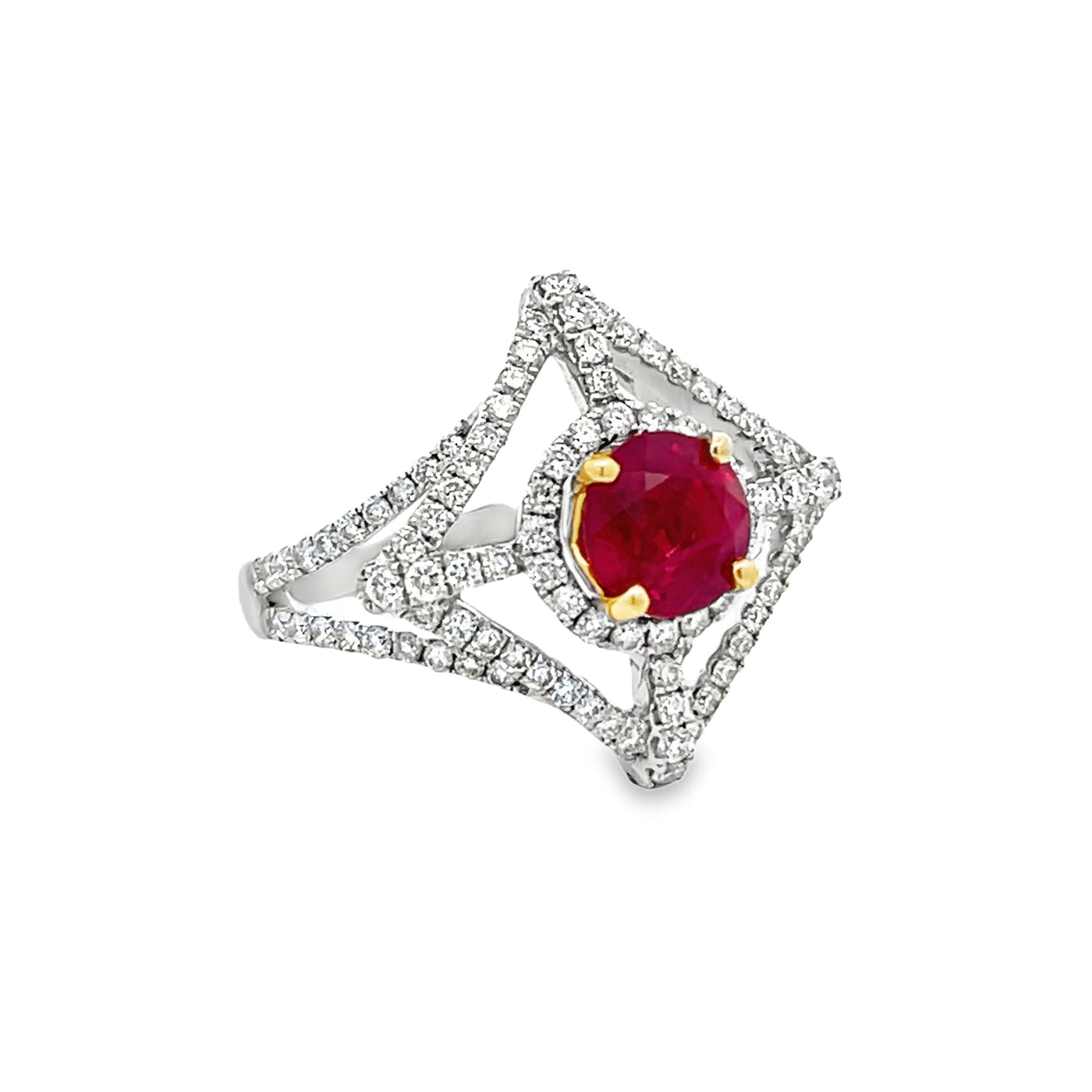 18k Two-Tone White and Yellow Gold Round Ruby and Diamond Halo Ring (1.70ct.)