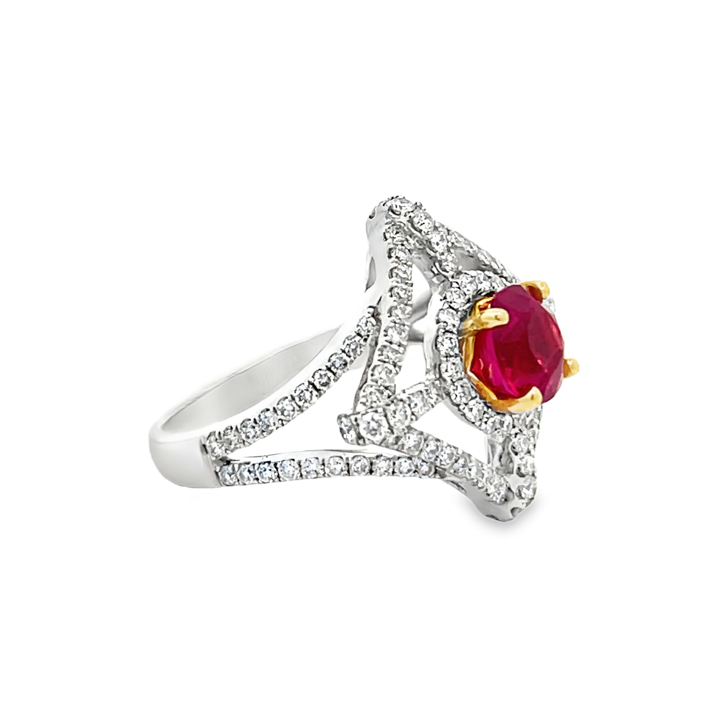 18k Two-Tone White and Yellow Gold Round Ruby and Diamond Halo Ring (1.70ct.)