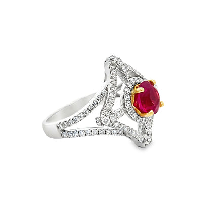 18k Two-Tone White and Yellow Gold Round Ruby and Diamond Halo Ring (1.70ct.)