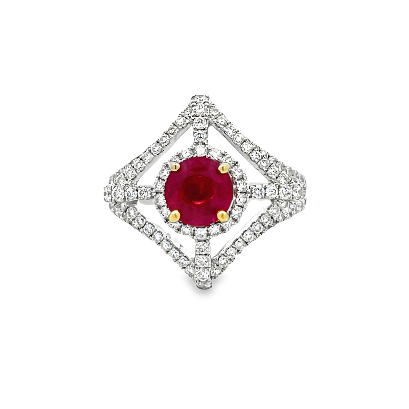 18k Two-Tone White and Yellow Gold Round Ruby and Diamond Halo Ring (1.70ct.)