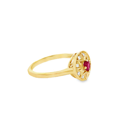 14k Yellow Gold Round Ruby and Diamond Halo Ring (0.34ct.)