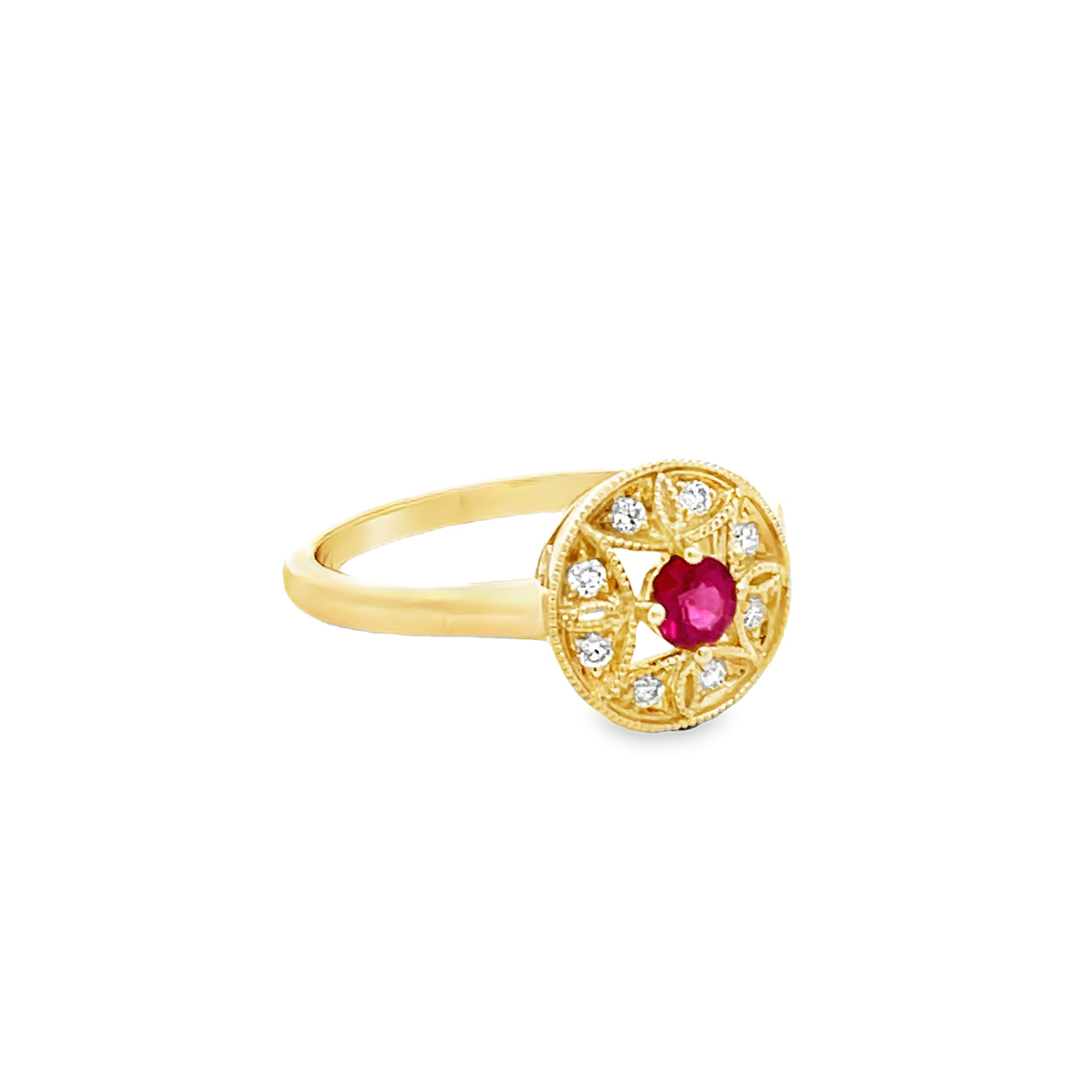 14k Yellow Gold Round Ruby and Diamond Halo Ring (0.34ct.)