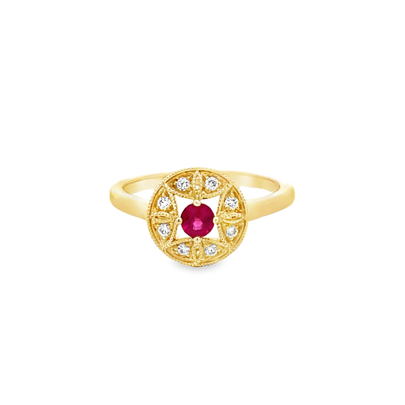 14k Yellow Gold Round Ruby and Diamond Halo Ring (0.34ct.)