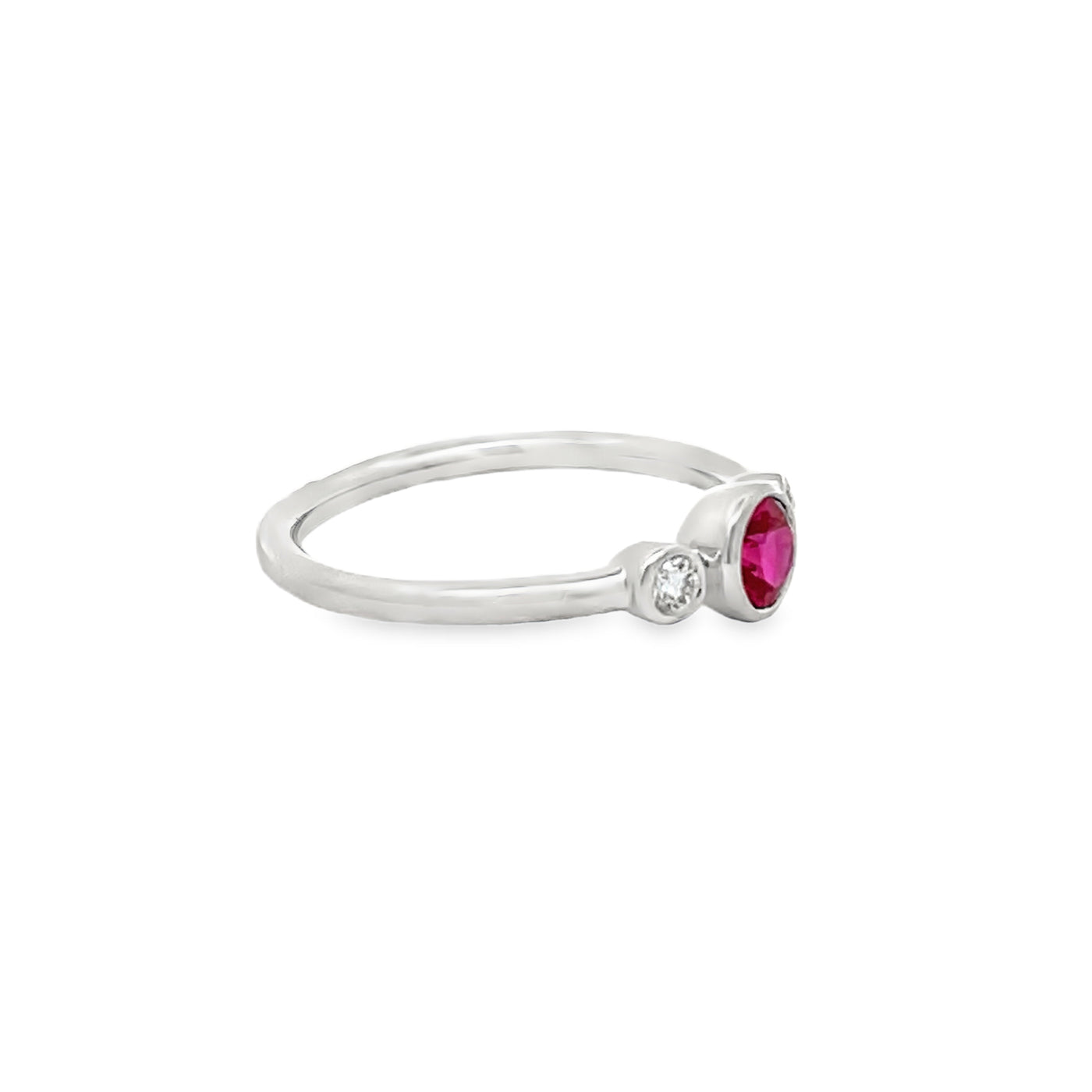 18k White Gold Round Ruby and Diamond Bezel Set Three Stone Ring (0.44ct)