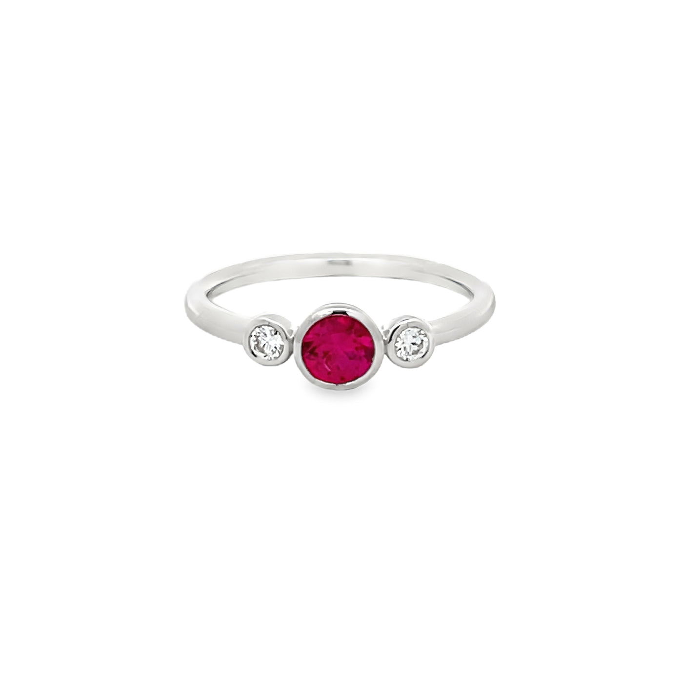 18k White Gold Round Ruby and Diamond Bezel Set Three Stone Ring (0.44ct)