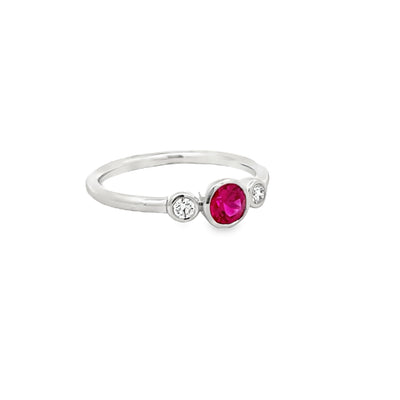 18k White Gold Round Ruby and Diamond Bezel Set Three Stone Ring (0.44ct)