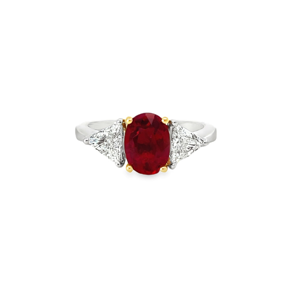 18k Two Tone Gold Oval Ruby and Trillion Cut Diamond Three Stone Ring (2.18ct.)