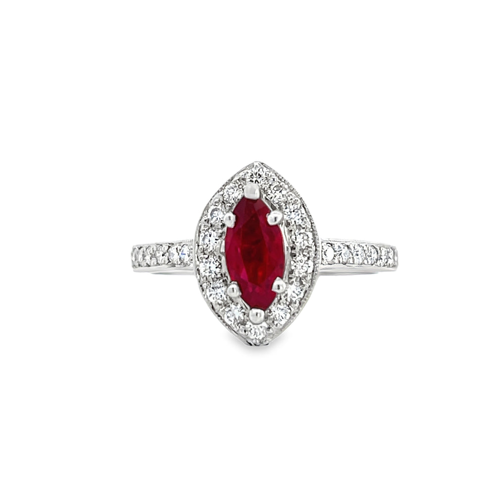 14k White Gold Marquise Ruby and Round Diamond Halo Ring (0.96ctw.)