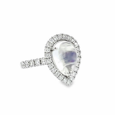 14k White Gold Pear Shape Moonstone and Diamond Halo Ring (3.10ct.)