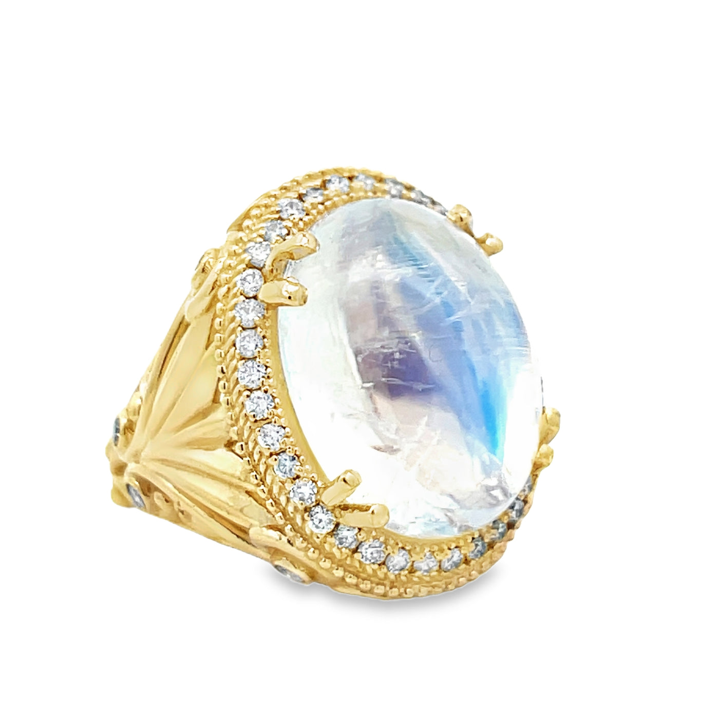 14k Yellow Gold Oval Cabochon Moonstone and Diamond Halo Ring (15.81ct.)