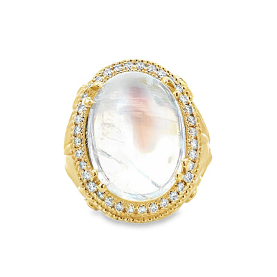 14k Yellow Gold Oval Cabochon Moonstone and Diamond Halo Ring (15.81ct.)