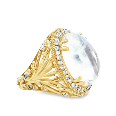 14k Yellow Gold Oval Cabochon Moonstone and Diamond Halo Ring (15.81ct.)