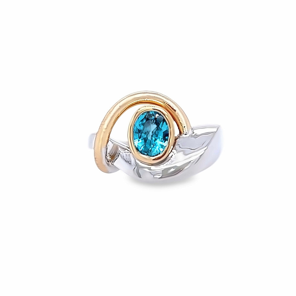 14k White Gold and 18k Yellow Gold Oval Blue Zircon Bezel Ring by Paul Richter (1.48ct.)