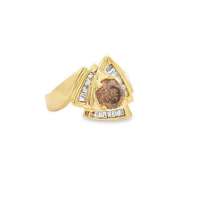 Estate 14k Yellow Gold Round Brown and Baguette Cut Diamond Ring (0.67ct.)