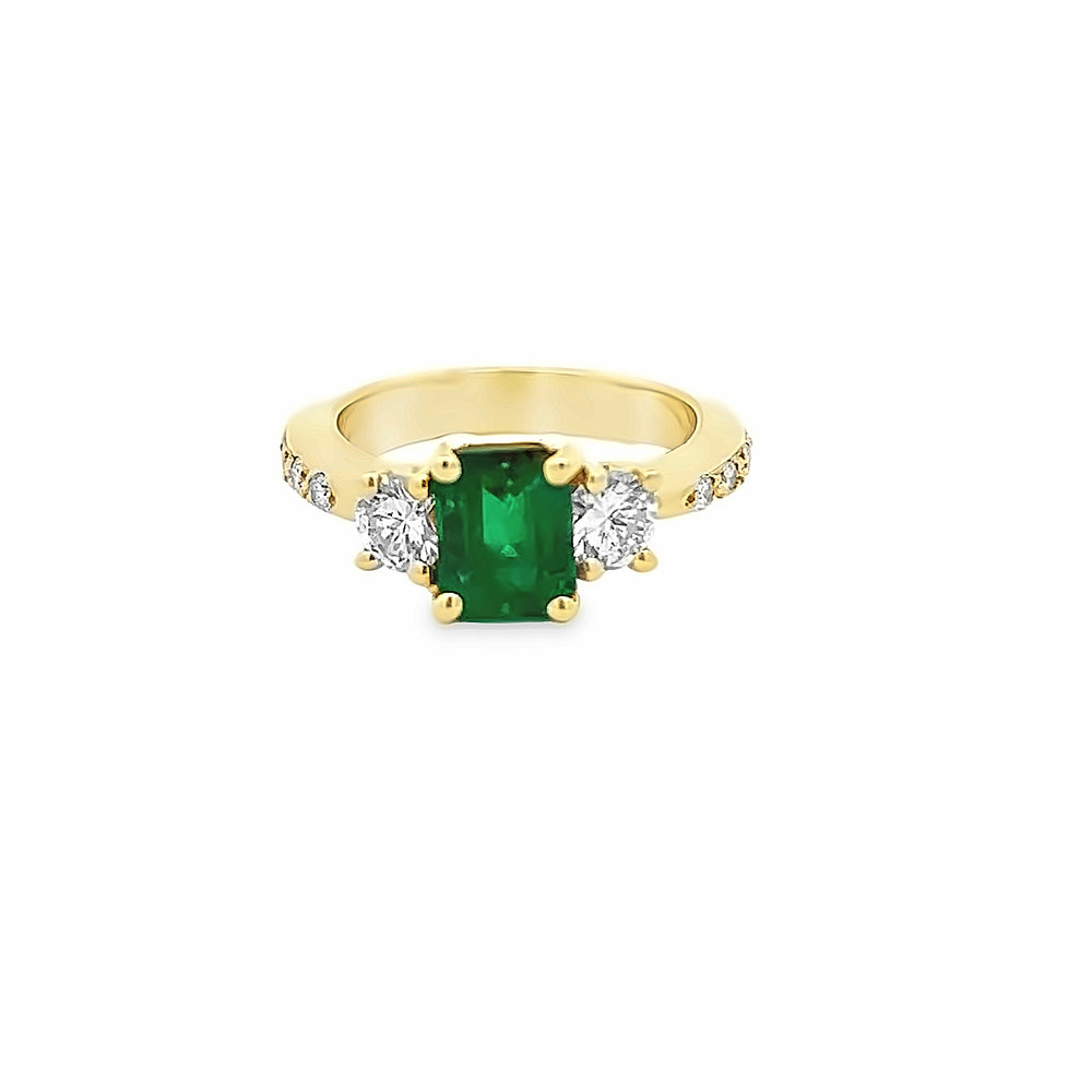 18k Yellow Gold Emerald Cut Emerald and Round Diamond Three Stone Ring (1.43ct.)