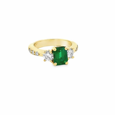 18k Yellow Gold Emerald Cut Emerald and Round Diamond Three Stone Ring (1.43ct.)