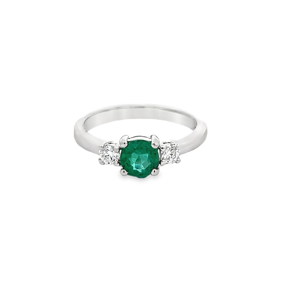 14k White Gold Round Emerald and Diamond Prong Set Three Stone Ring (0.59ct.)