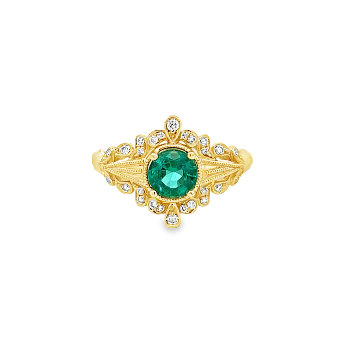 14k Yellow Gold Round Emerald and Diamond Vintage Inspired Ring (0.65ct.)