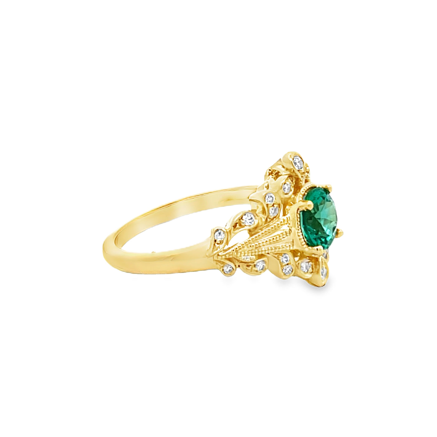 14k Yellow Gold Round Emerald and Diamond Vintage Inspired Ring (0.65ct.)