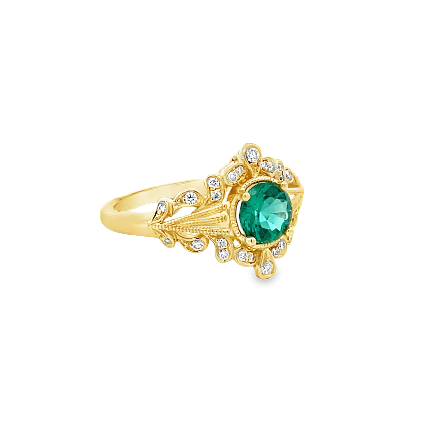 14k Yellow Gold Round Emerald and Diamond Vintage Inspired Ring (0.65ct.)