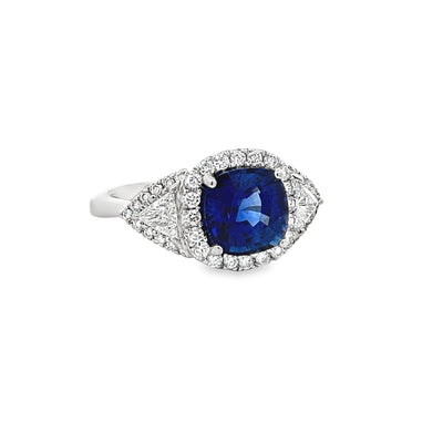 18k White Gold Cushion Cut Sapphire and Diamond Halo Ring (3.12ct.)