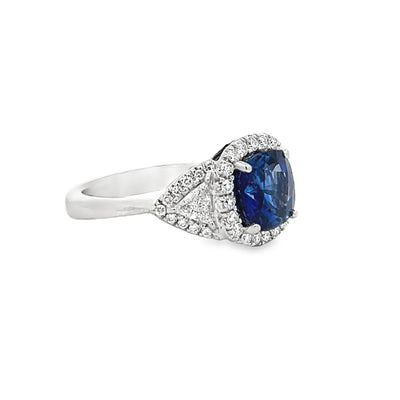 18k White Gold Cushion Cut Sapphire and Diamond Halo Ring (3.12ct.)