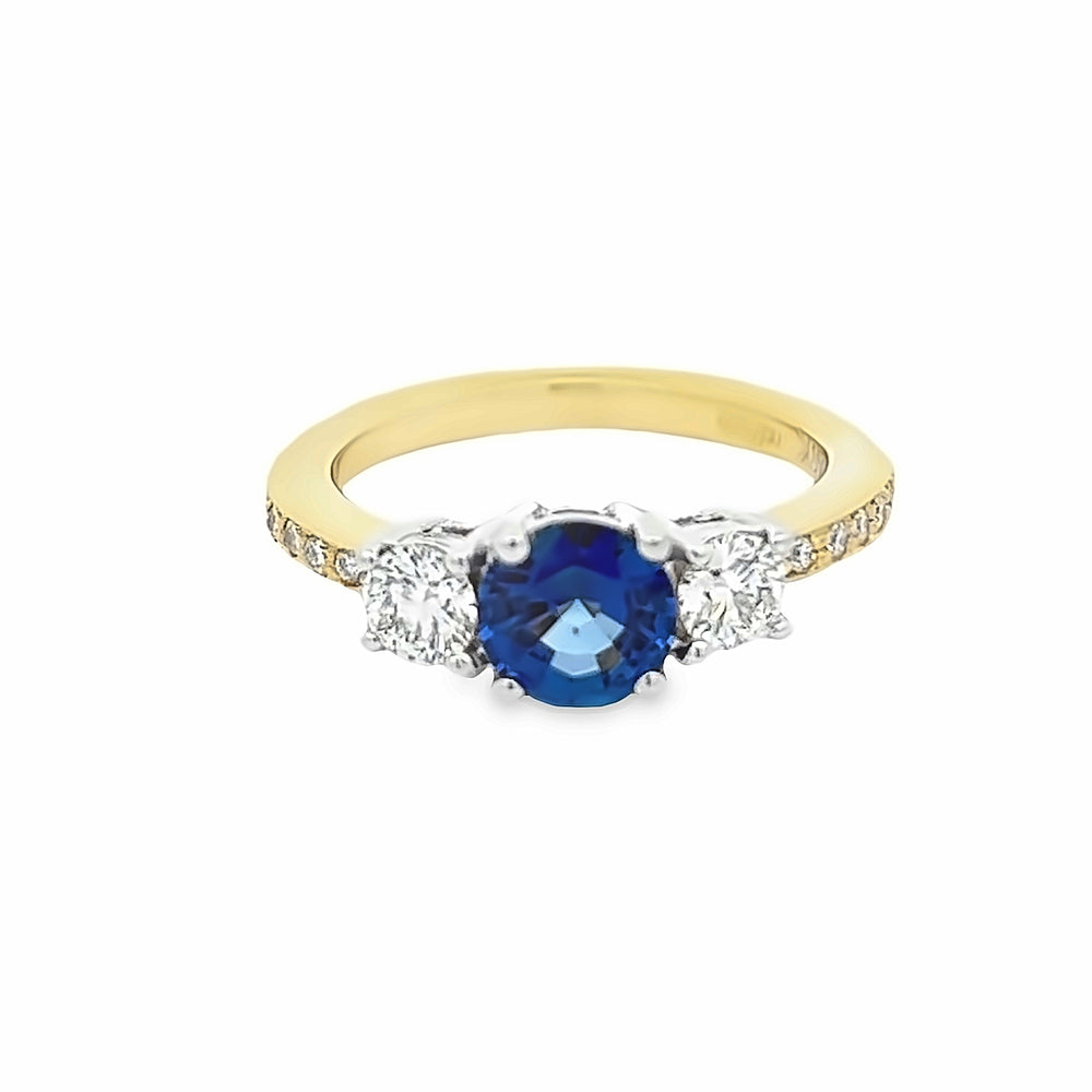 18k Yellow Gold Round Sapphire and Diamond Three Stone Ring (1.0ct.)