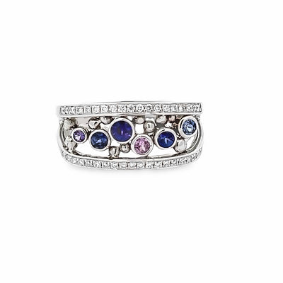 14k White Gold Round Purple and Pink Sapphire and Diamond Bezel Set Ring (0.51ctw.)