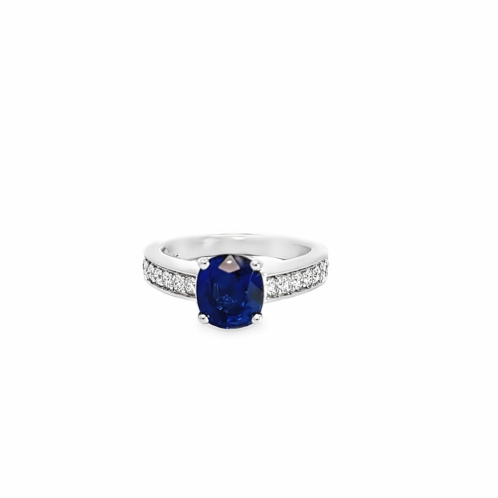 18k White Gold Cushion Cut Sapphire and Round Diamond Ring (2.64ct.)