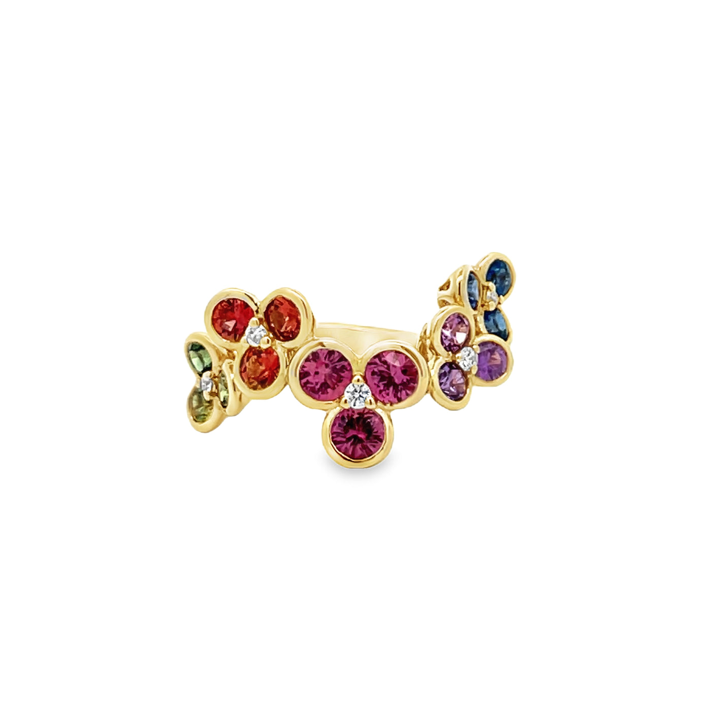 14k Yellow Gold Round Multicolor Sapphire Bezel Set Flower Ring (1.62ctw.)