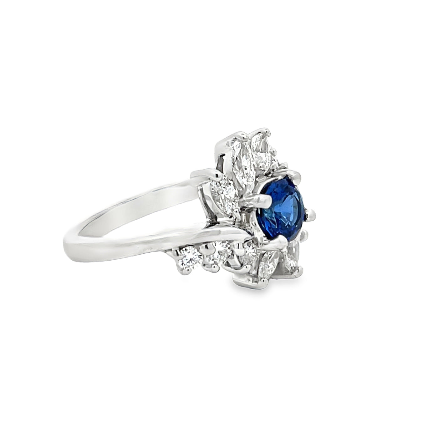14k White Gold Round Ceylon Blue Sapphire and Diamond Halo Ring (0.84ct.)