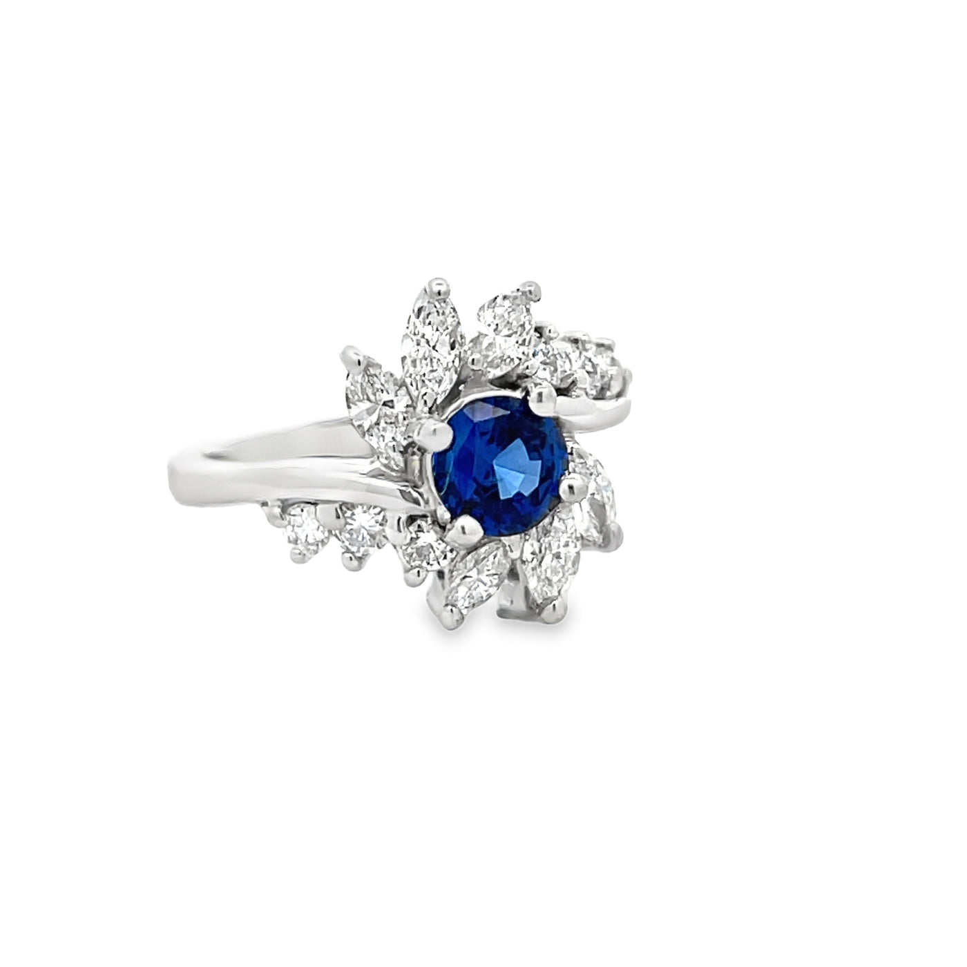 14k White Gold Round Ceylon Blue Sapphire and Diamond Halo Ring (0.84ct.)