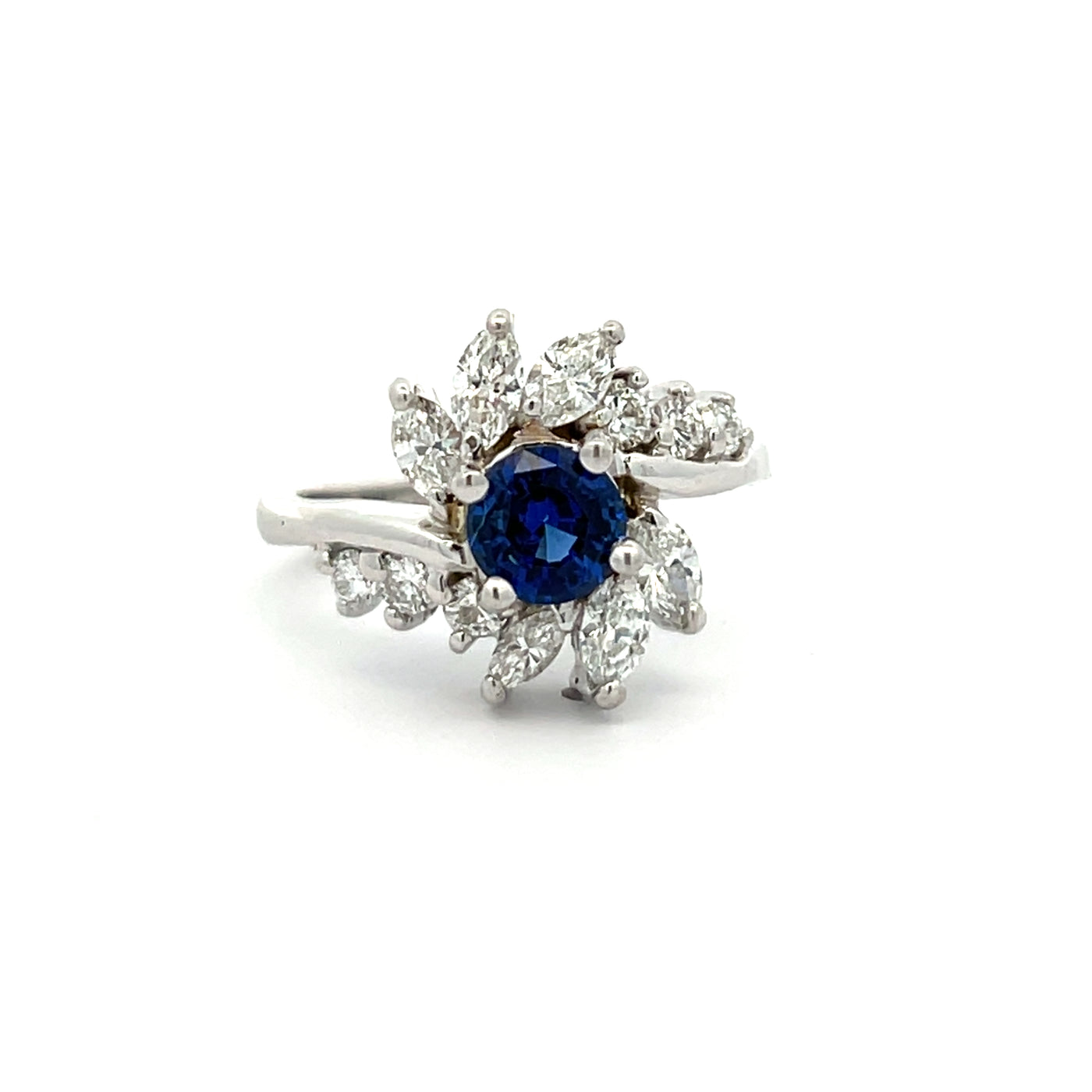 14k White Gold Round Ceylon Blue Sapphire and Diamond Halo Ring (0.84ct.)