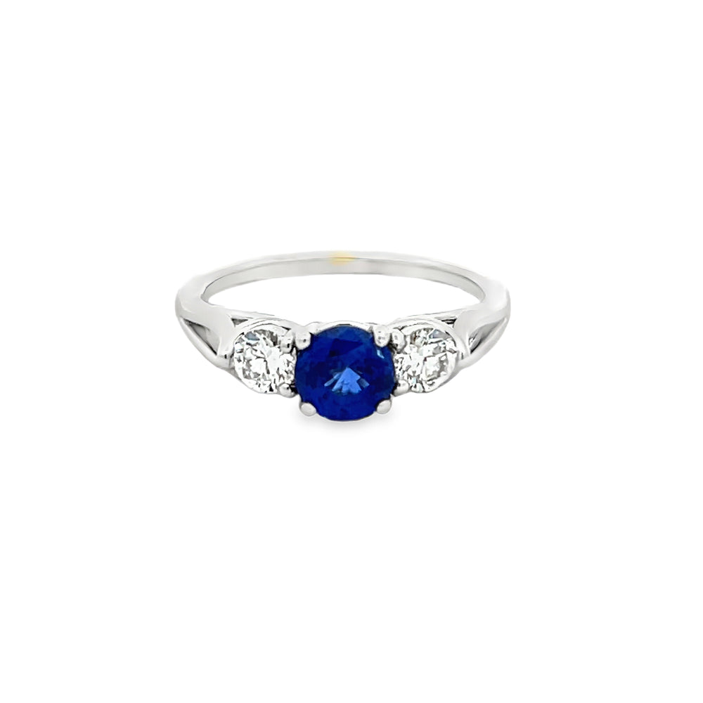 14k White Gold Round Sapphire and Diamond Three Stone Ring (0.90ct.)