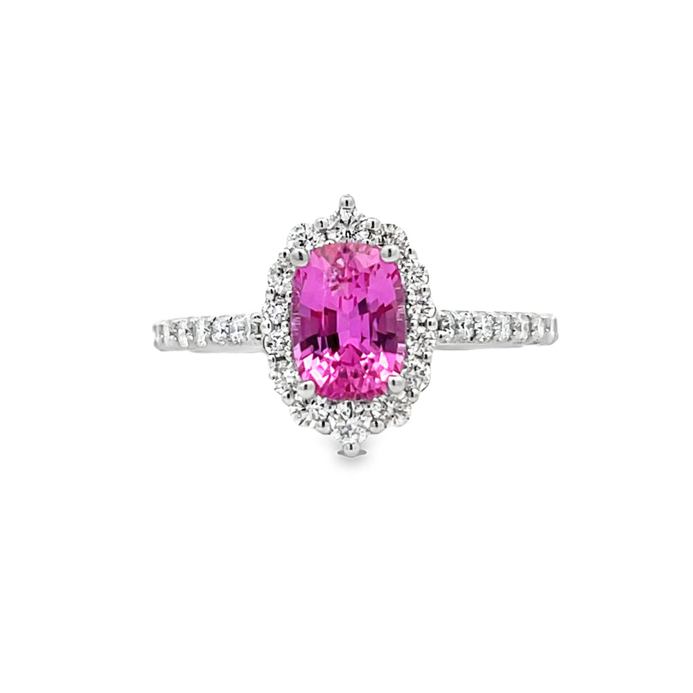 14k White Gold Cushion Cut Pink Sapphire and Round Diamond Vintage Inspired Halo Ring (1.69ct.)