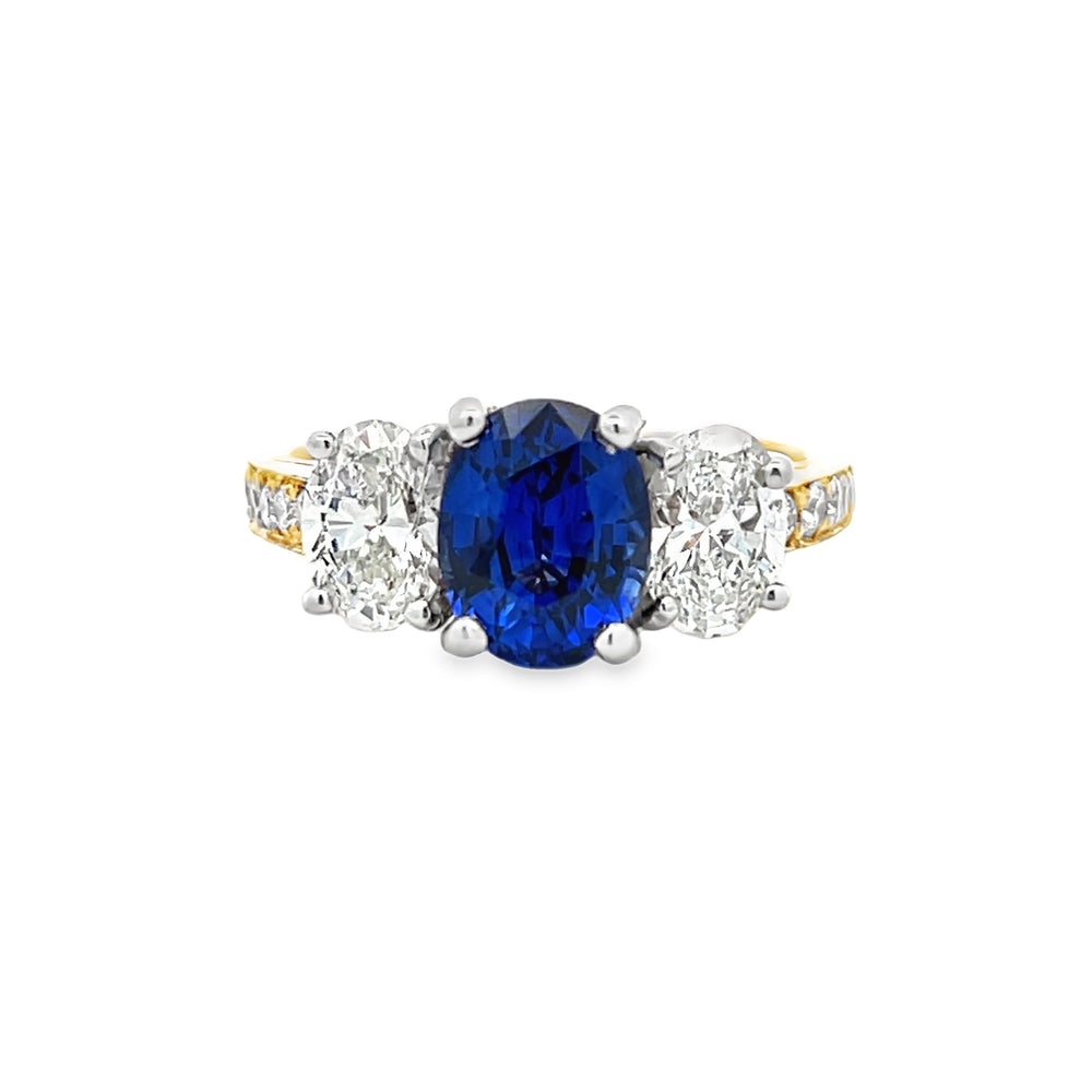 18k Yellow Gold Oval Sapphire and Diamond Three Stone Ring by Paul Richter (2.04ct.)