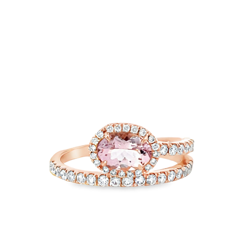 14k Rose Gold Oval Morganite and Round Diamond Bypass Halo Ring (0.79ct.)