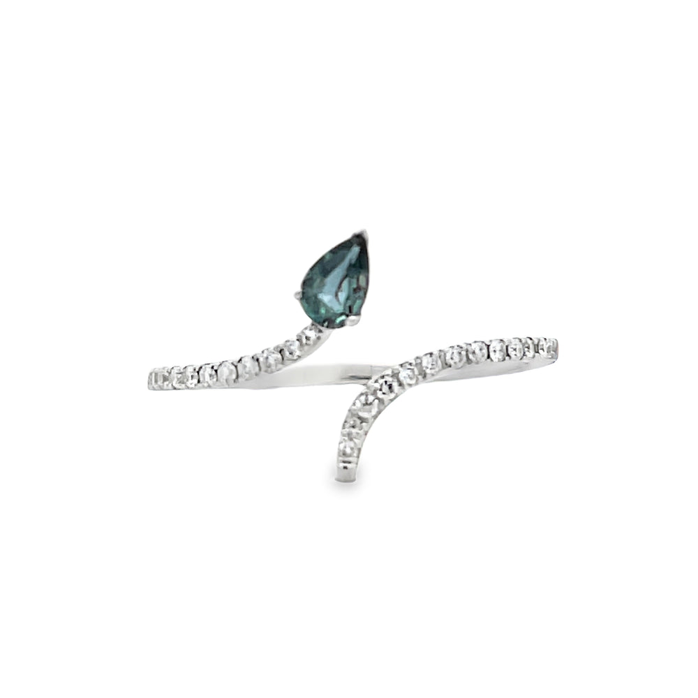 14k White Gold Pear Shape Alexandrite and Round Diamond Bypass Ring (0.18ct.)