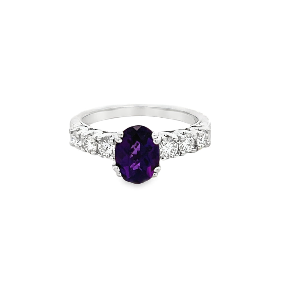 18k White Gold Oval Amethyst and Round Diamond Split Prong Ring (1.25ct.)