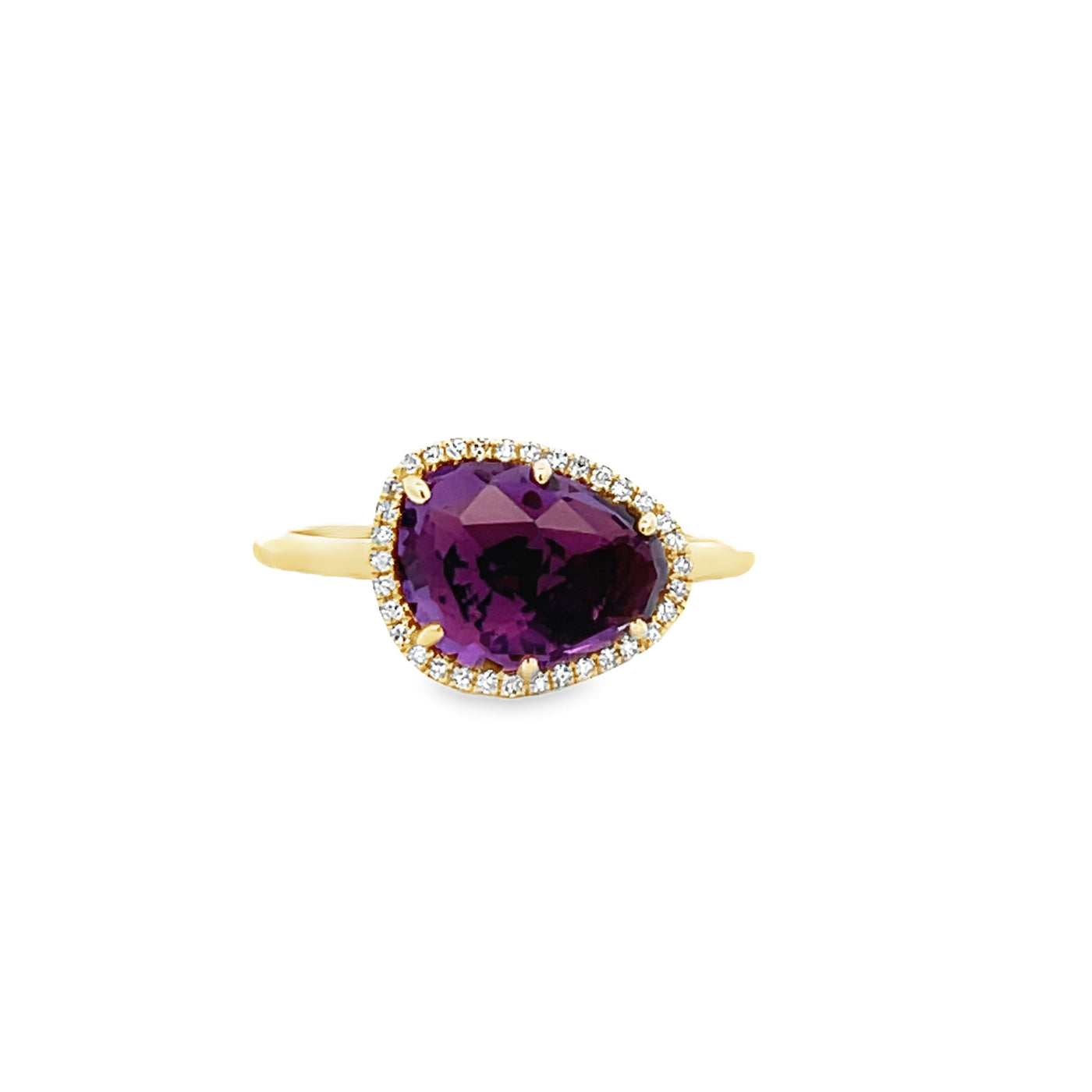 14k Yellow Gold Triangular Amethyst and Round Diamond Halo Ring (1.97ct.)