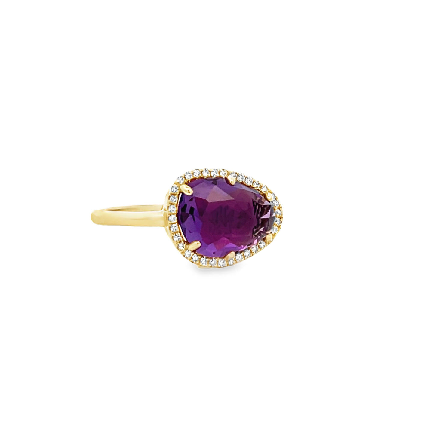 14k Yellow Gold Triangular Amethyst and Round Diamond Halo Ring (1.97ct.)