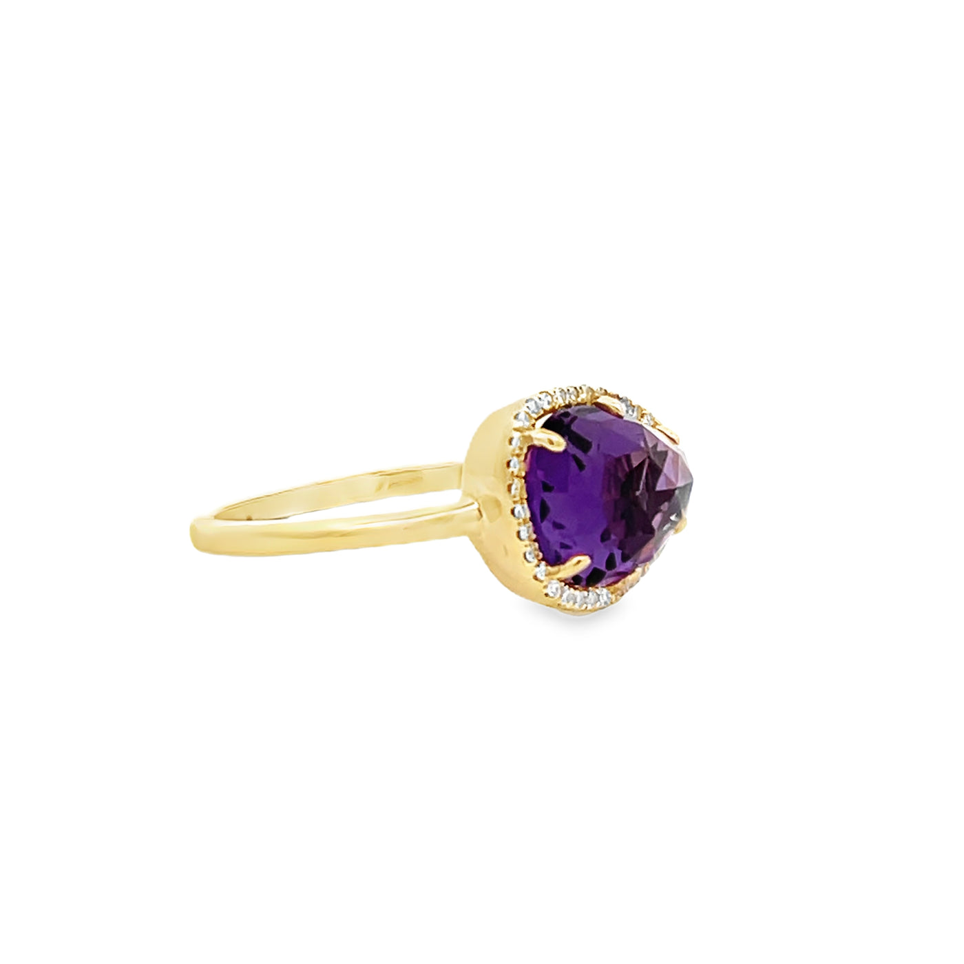 14k Yellow Gold Triangular Amethyst and Round Diamond Halo Ring (1.97ct.)