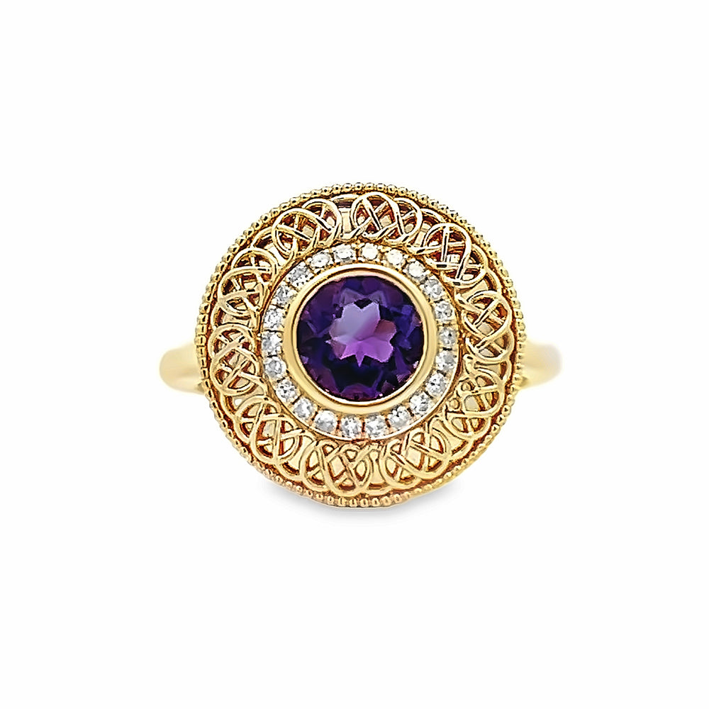 14k Yellow Gold Round Amethyst & Single Cut Diamond Halo Ring (0.78ct.)