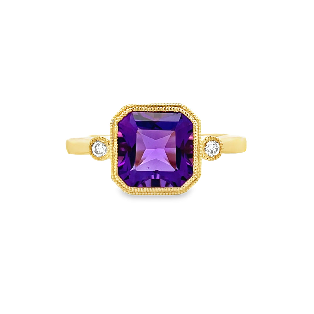 14k Yellow Gold Square Amethyst and Round Diamond Ring (1.90ct.)