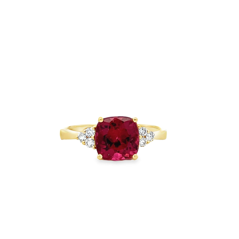 18k Yellow Gold Cushion Cut Pink Tourmaline and Round Diamond Ring (2.43ct.)